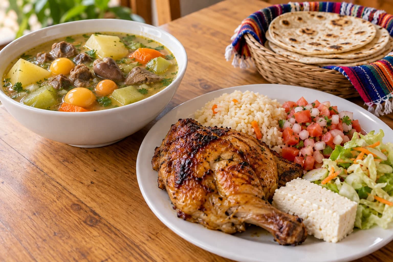 Sopa de gallina india con su gallina asada, arroz, ensalada, queso fresco y tortillas